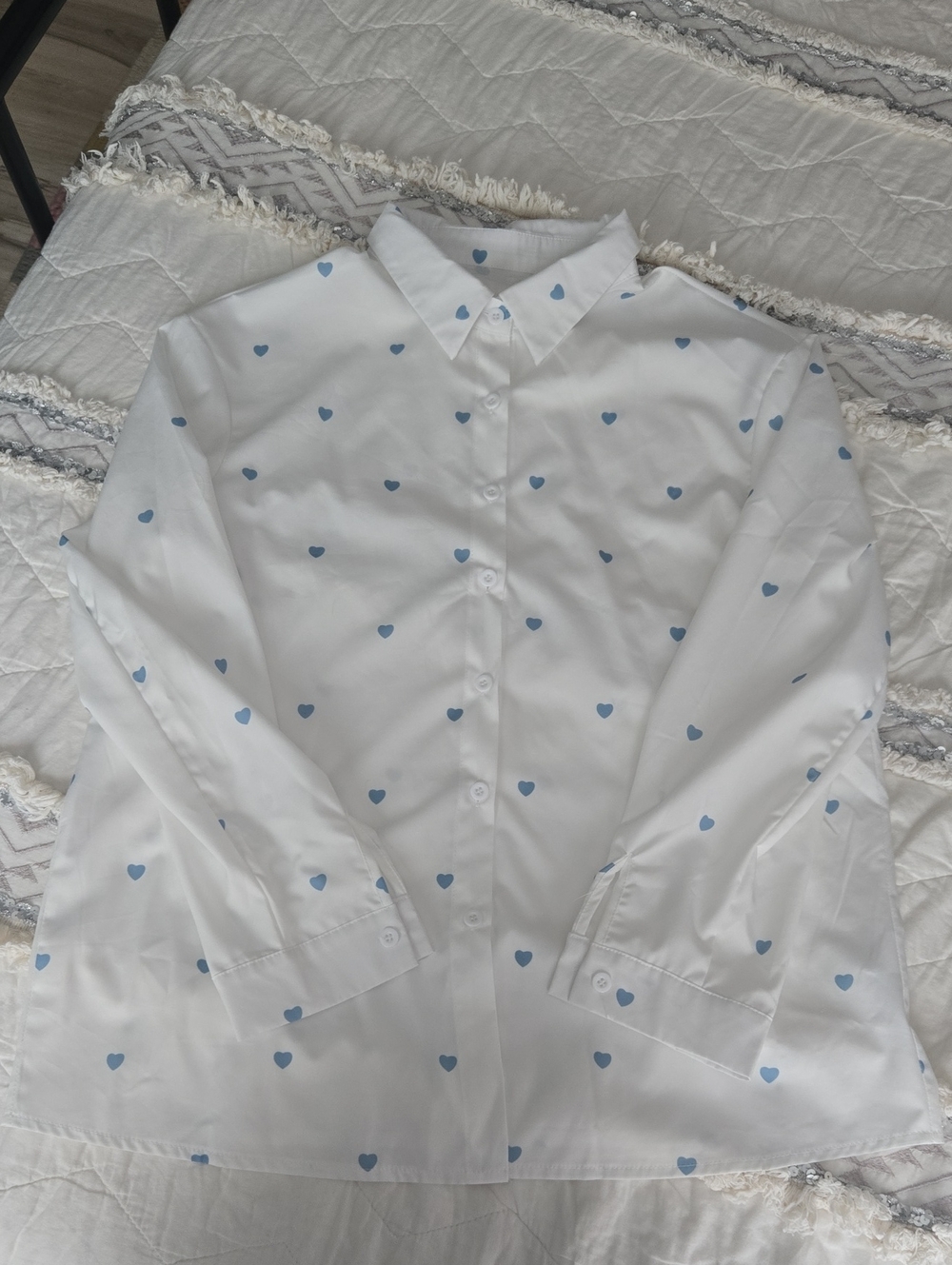 White Button-Up Blouse with Light Blue Heart Print